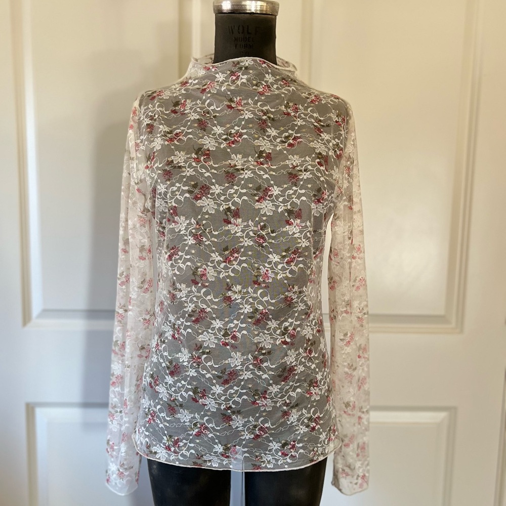 Sweet Lemon Sheer Lace Floral Top Long Sleeve Romantic Layering Size L